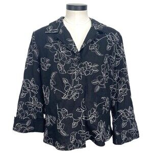 Jones Wear Women’s Blazer Jacket Sz L Button Up Black Embroidered Floral 3/4 SLV